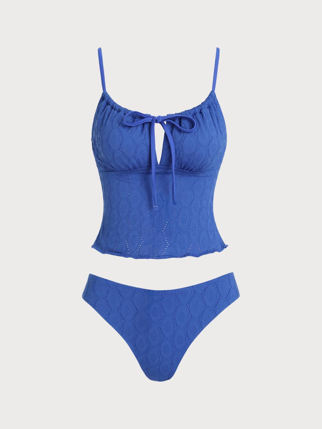 Blue Openwork Ruched Tie Tankini Swimsuit