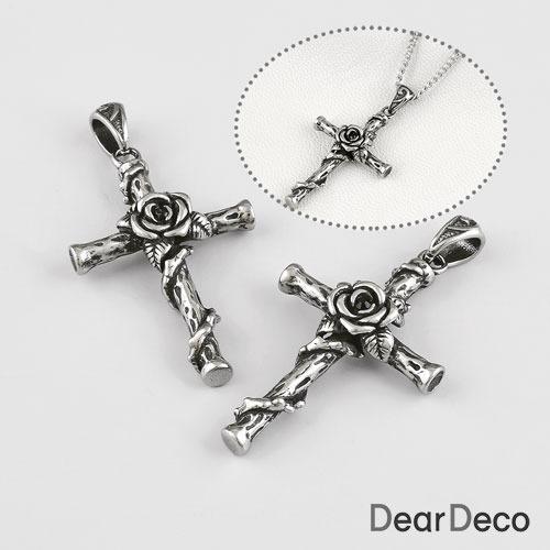 스테인레스스틸 장미문양 십자가펜던트(1개)써지컬목걸이재료 부자재 m2104-41