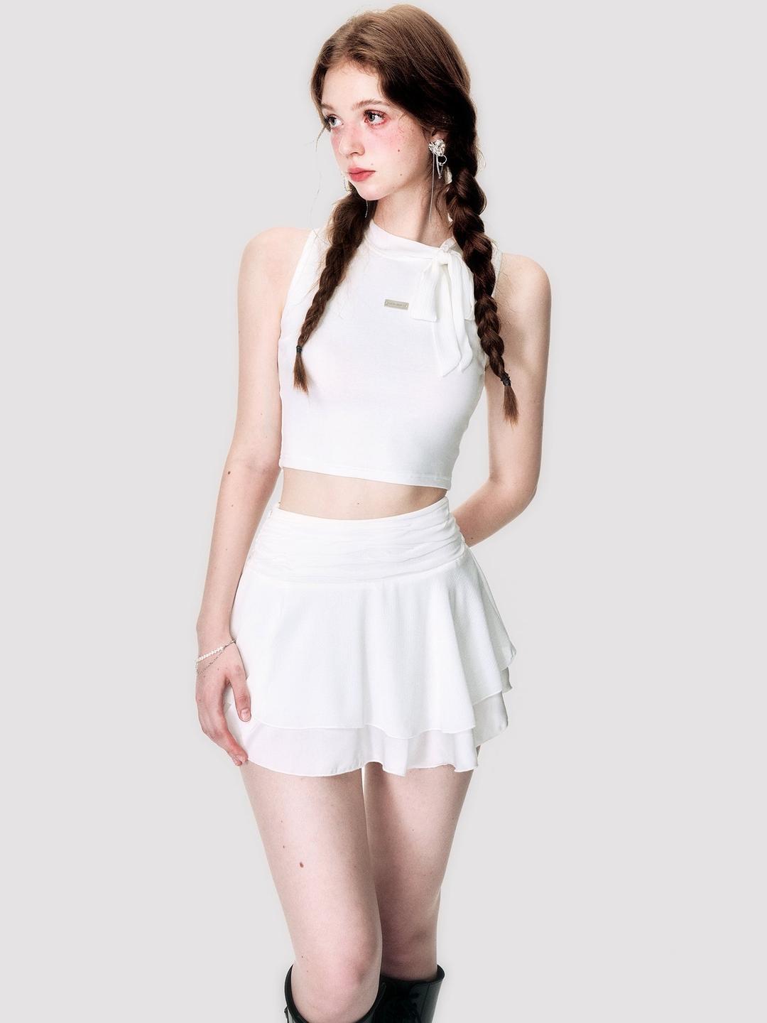 Tight Sleeveless Ribbon Plain Tops&Mini-Skirt
