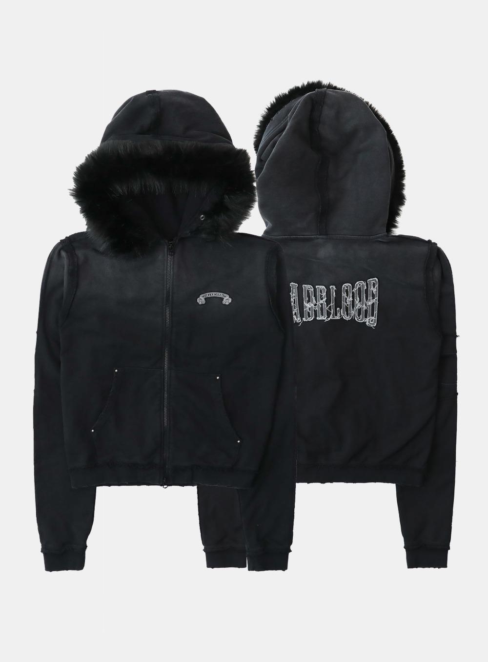 [w-hde25-080] 로 엣지 디태쳐블 퍼 후드 집업 슬림핏 - 워시드블랙