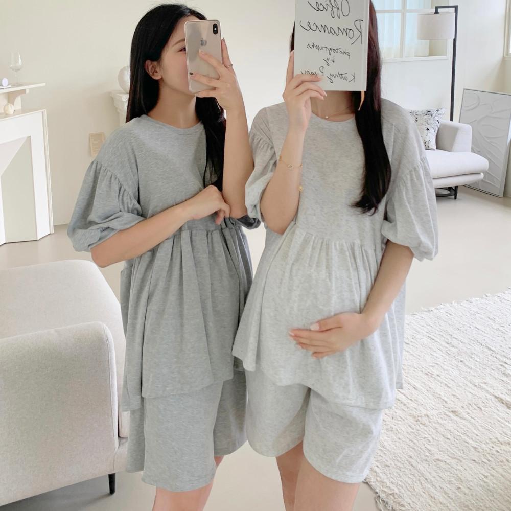 자체제작 퍼프 치링 여름 반팔 임산부 트레이닝세트 빅사이즈 반바지 투피스 임부복
