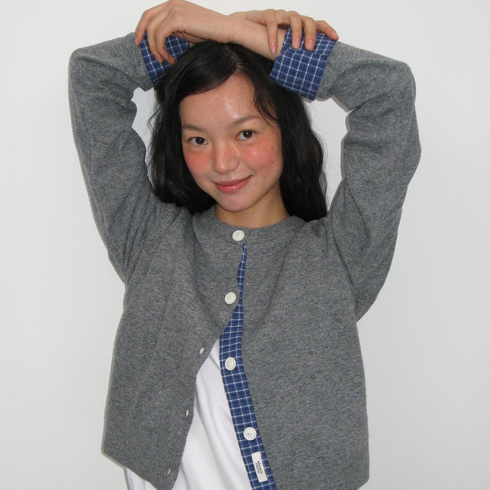 CHECK SHIRT POINTED KNIT CARDIGAN GREY
