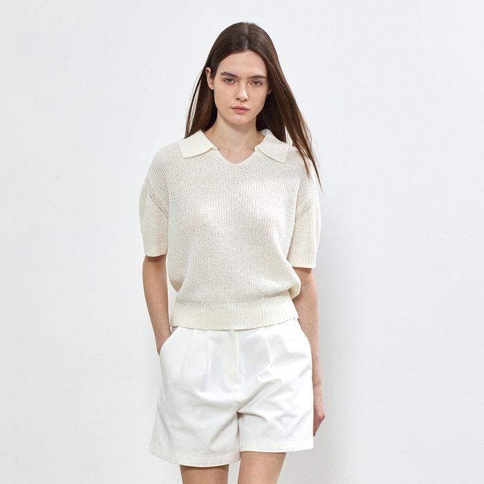 OPEN COLLAR KNIT TOP - WHITE