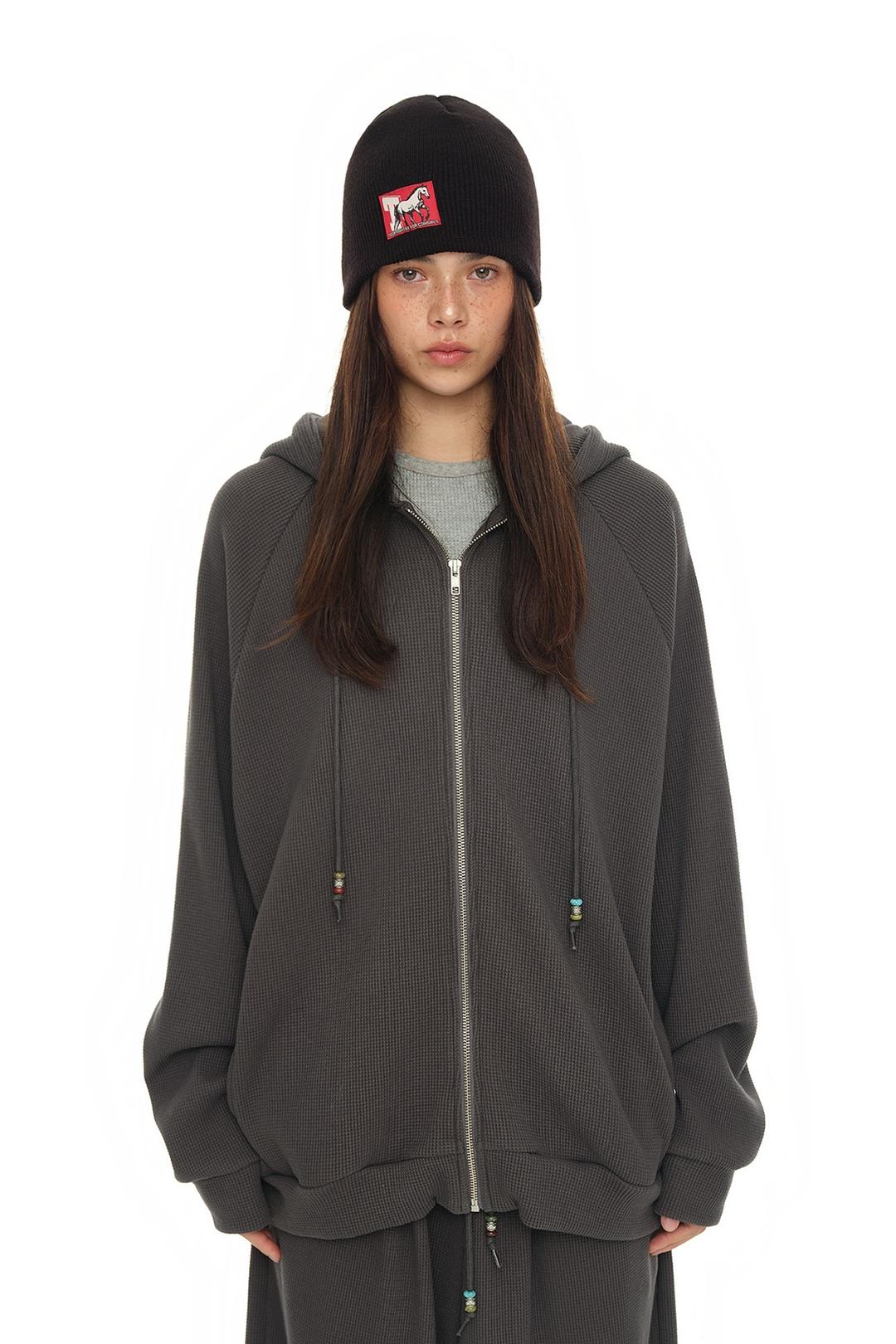 WESTERN BEAD WAFFLE ZIP-UP HOODIE (CHARCOAL)