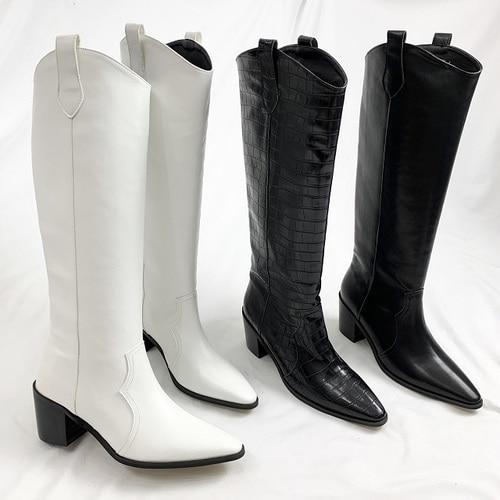 우드굽 미들힐 뾰족코 스틸레토 화이트 뱀피 와니 블랙 웨스턴 롱부츠 6.5cm