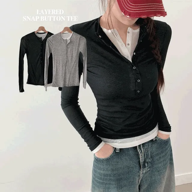 [슬림핏감/꾸안꾸] 이네 배색 슬림핏 일체형 레이어드 스냅버튼 베이직 꾸안꾸 유니크 티셔츠