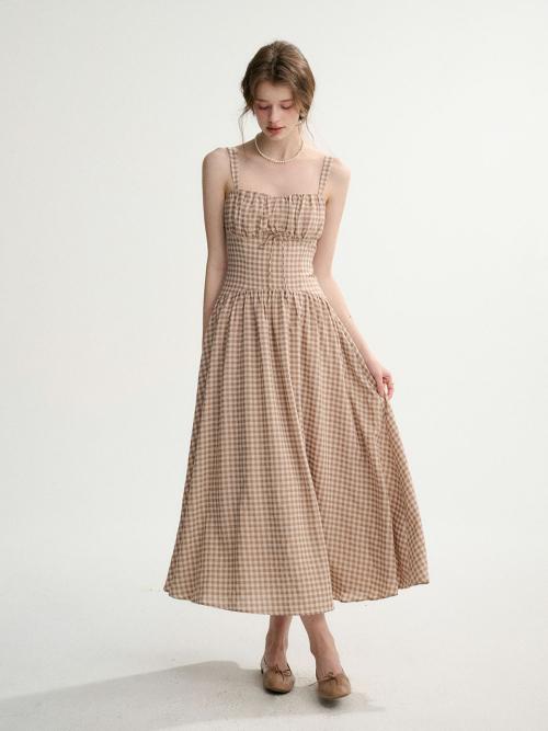 깅엄체크 스트랩 롱원피스 베이지
