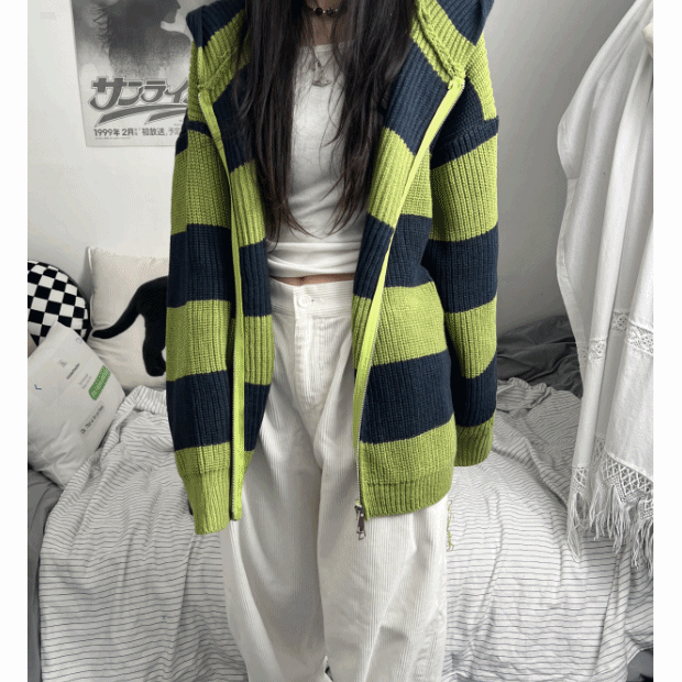 big stripe hood knit zip-up