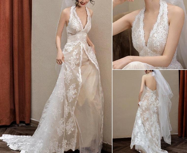 SWD300신상품 11% DC 셀프웨딩 스냅사진 2부드레스 연주회 롱 드레스 웨딩촬영용 클래식하고 여성스러운 스킨베이지 밀크화이트 레이스 홀터넥 드레스