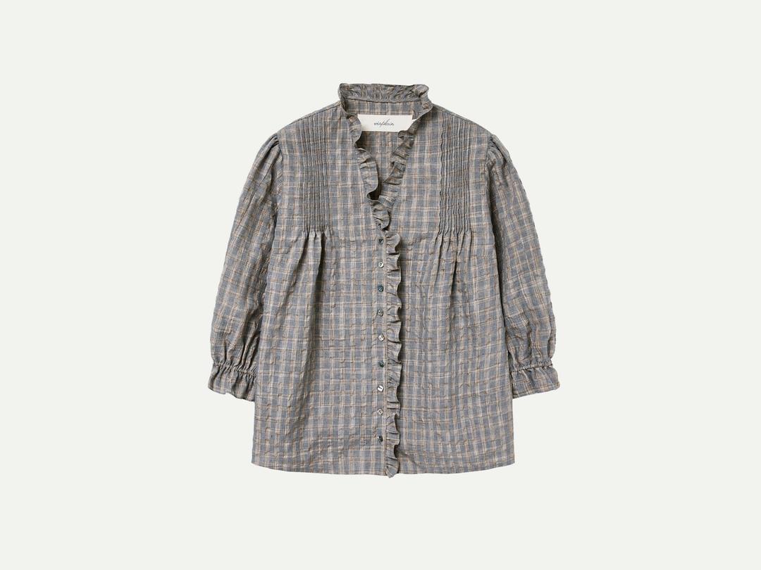 Via Victoria frill check blouse (Gray check)