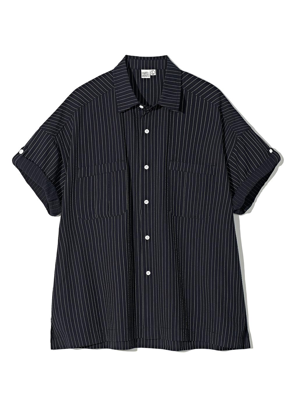 Narrow Stripe Roll Up Half Shirts_Black