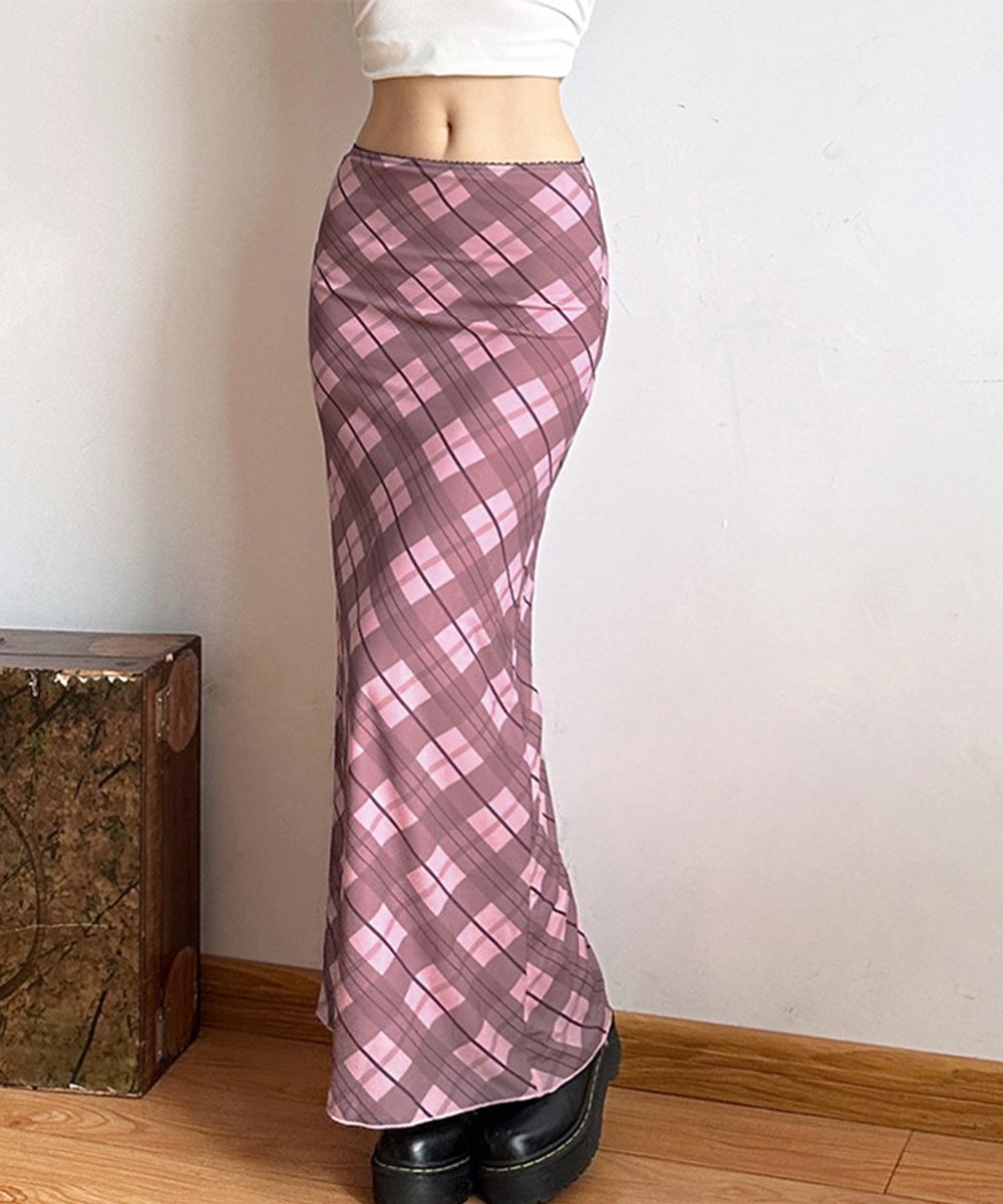핑크 체크 롱 쉬폰 스커트