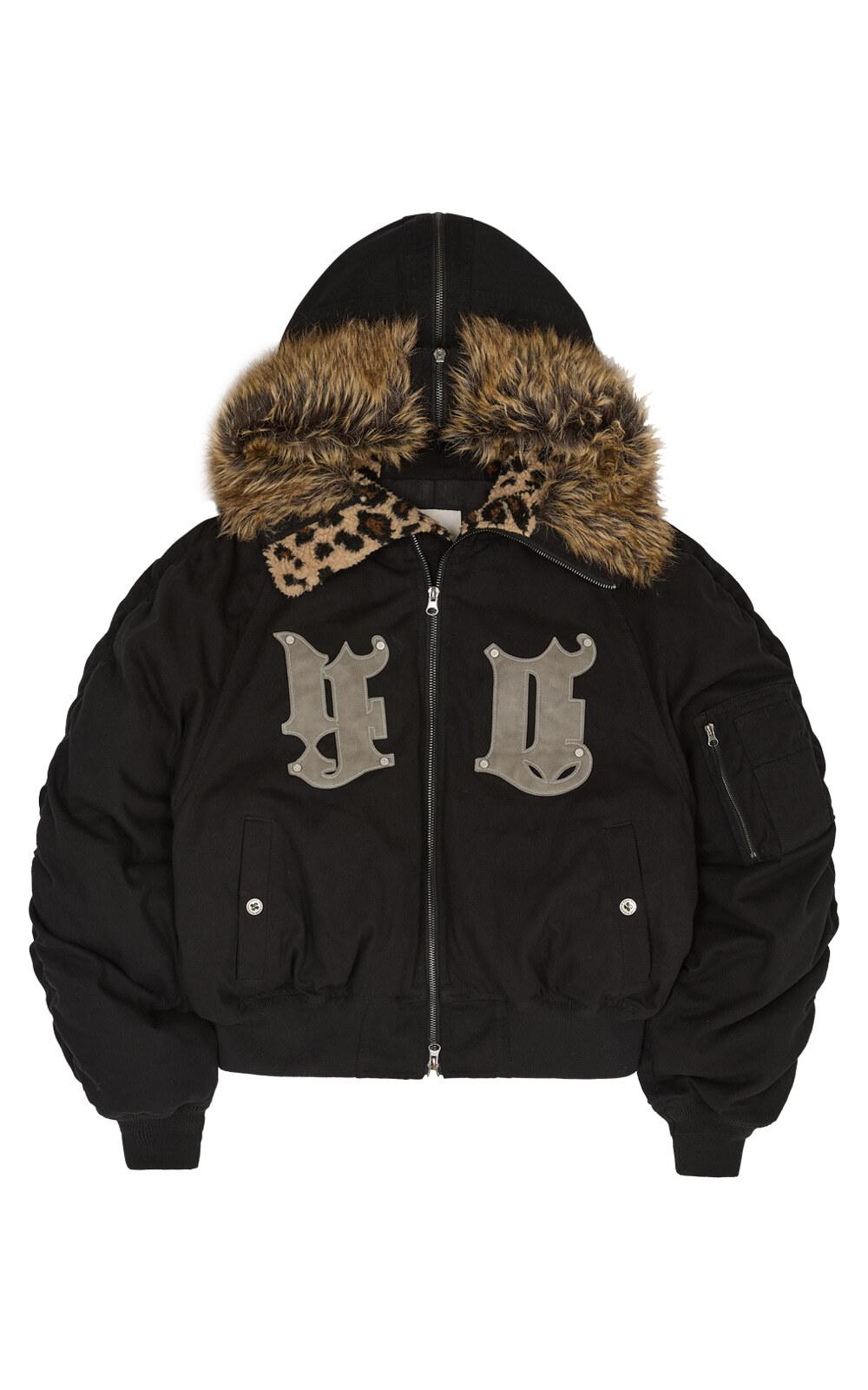 HD 아티피셜 레더 패치 봄버 다운 자켓 블랙