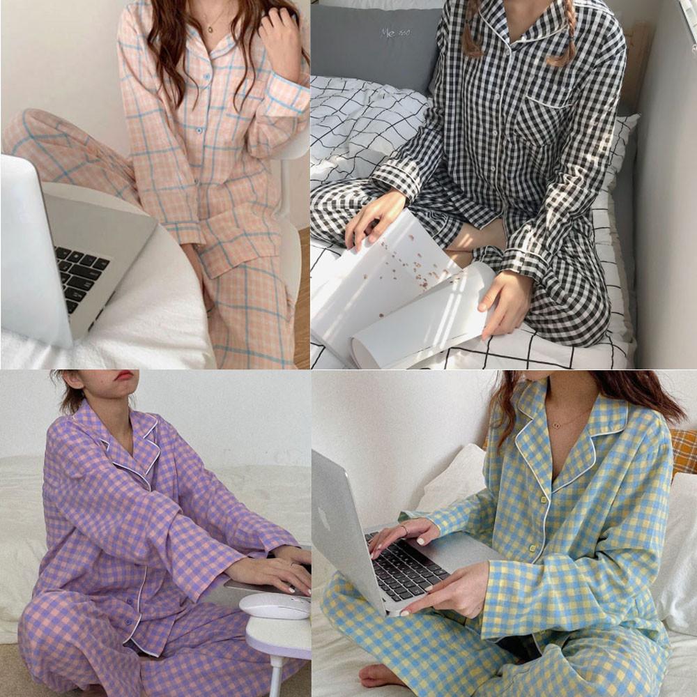 여성 체크 수면잠옷 홈웨어 (긴팔,반팔세트)