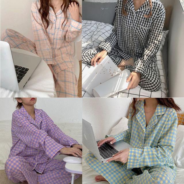 여성 체크 수면잠옷 홈웨어 (긴팔,반팔세트)