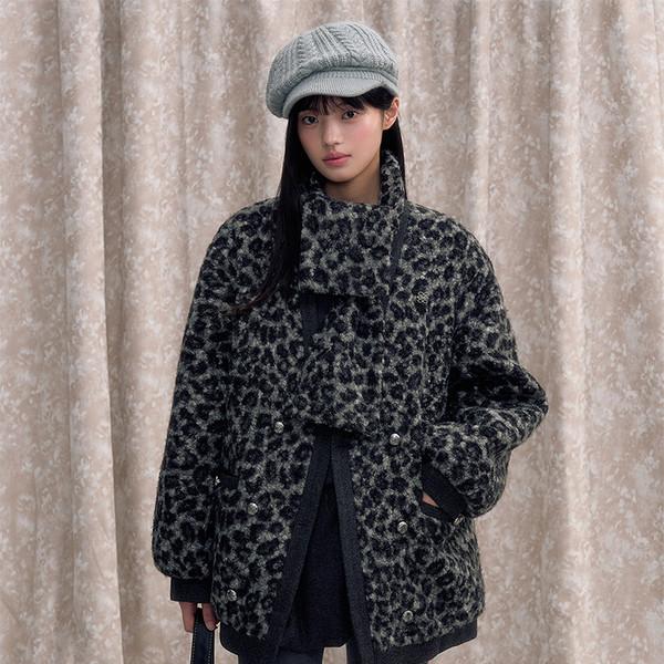 Leopard Woolen Jacket & Scarf Set