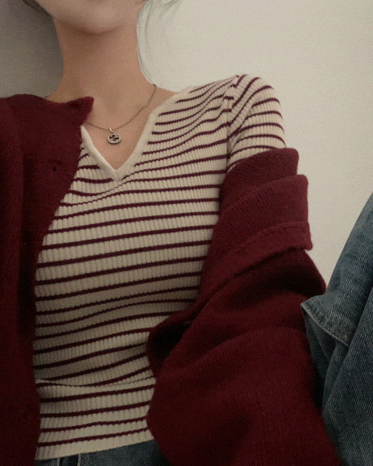 [손등덮는!/여리핏] 코코 스트라이프 골지 트임넥 여리핏 슬림 긴팔니트 - 4color