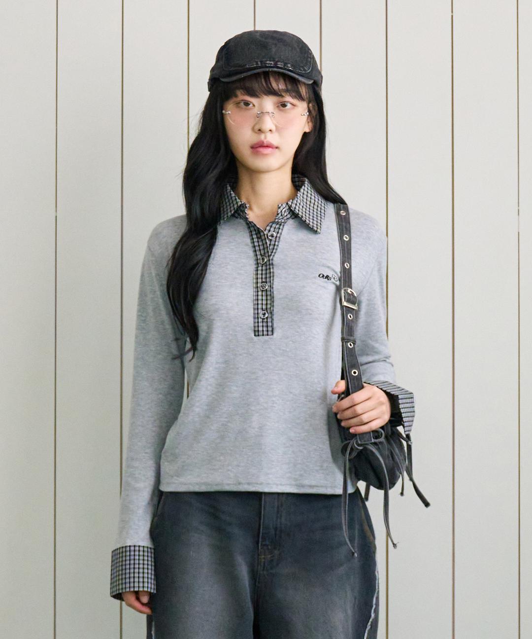 체크 배색 카라티 메란지