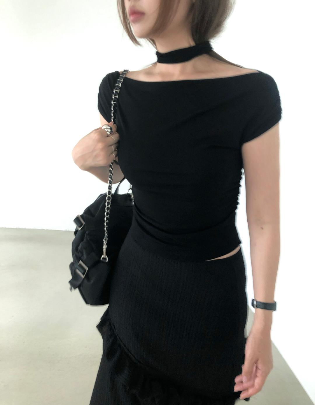 Boat neck ribbon top-2color