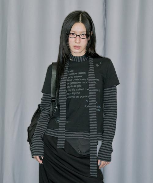 레이어드 스트라이프 머플러 세트 롱 슬리브 - BLACK