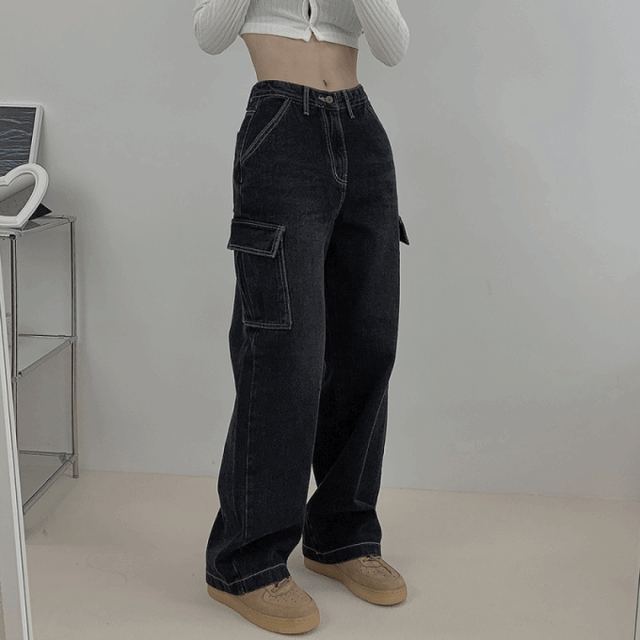 [ 히든밴딩/흑청,중청 ] 헤즈 카고 포켓 와이드 데님 팬츠