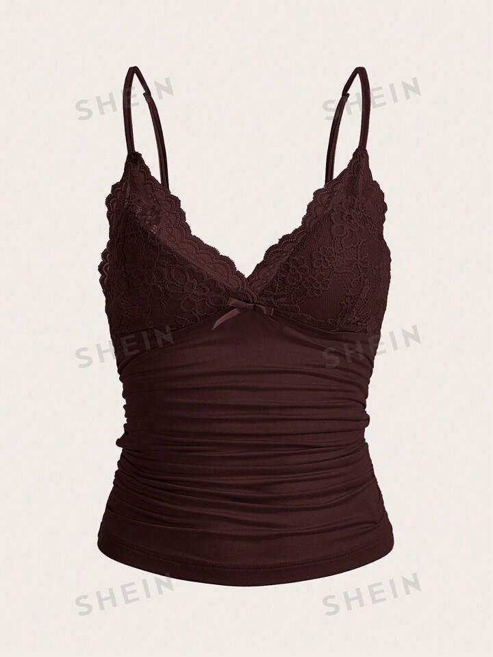 SHEIN ICON 대조 레이스 리본 프론트 루셔드 Y2k 캐미 탑