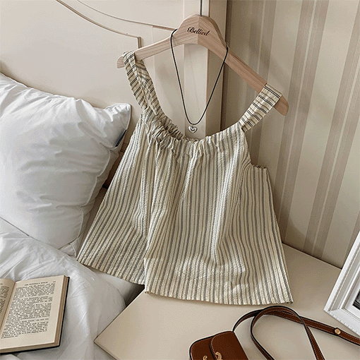 [넥라인 조절ok!]아일렛 스트라이프 나시 블라우스