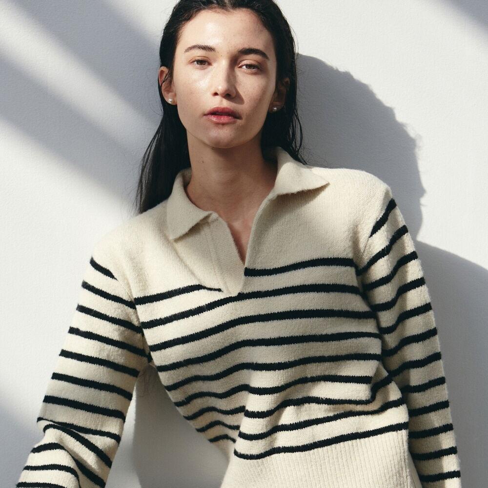 SLIM STRIPE OPEN COLLAR SWEATER_LIGHT BEIGE