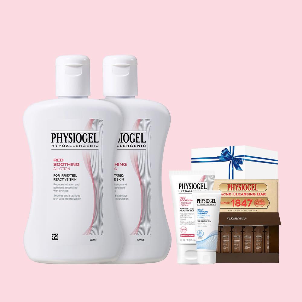 엘지럭키페스타단독]피지오겔 AI로션 200ml 2개 + 리젠크림10ml + 앰플7입키트 + 아크네클렌징바 증정