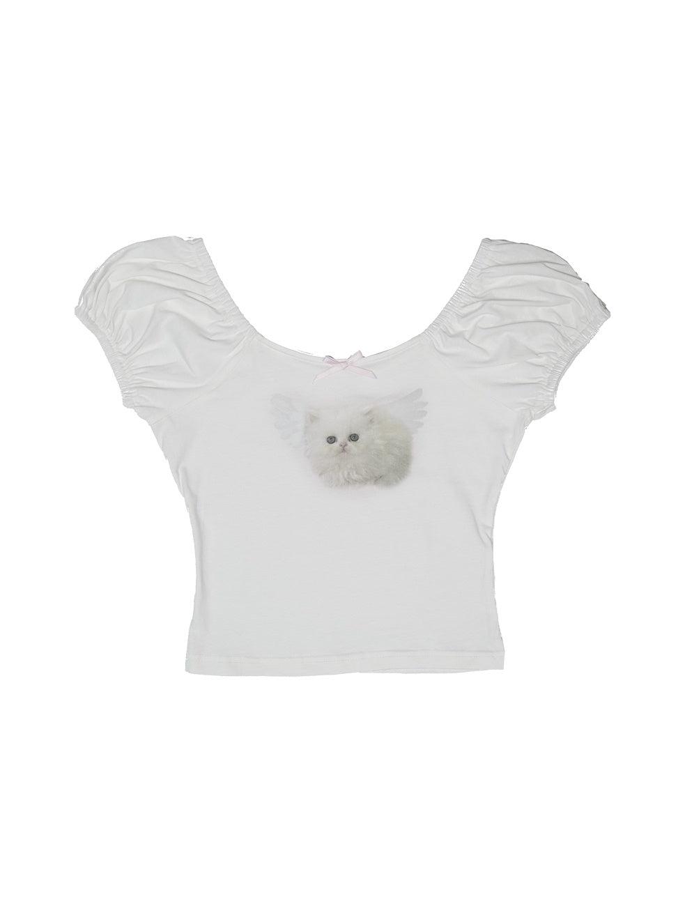 Angel Cat & Bunny Bow Round Neck T-shirt - S / white(presale)