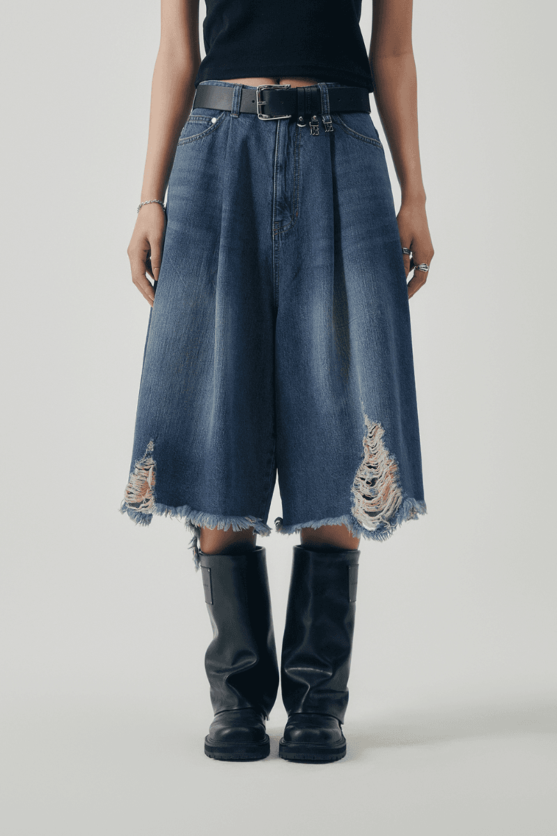 Distressed Square Denim Set-up Shorts [ Blue ]