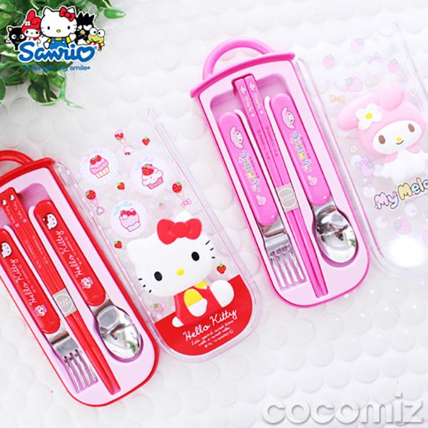 (일본) 헬로키티 & 마이멜로디  입체 마스코트 슬라이드  트리오 수저세트 (4PSet_2type)  스푼,포크,젓가락,케이스  어린이 트리오세트  마스코트 입체 수저세트