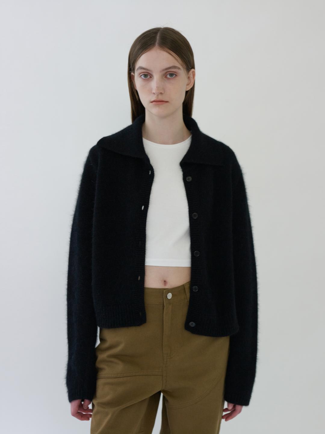 ANGORA COLLAR CARDIGAN - BLACK