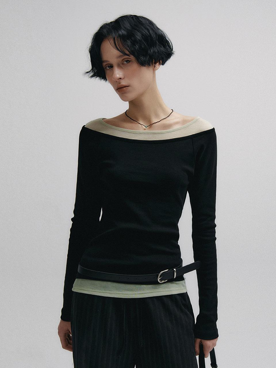 Boat Neck Layered Slim T-shirt (Black)