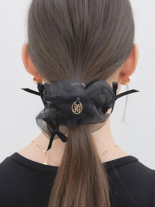 3 ribbon mesh logo pendant scrunchie (H016_black)