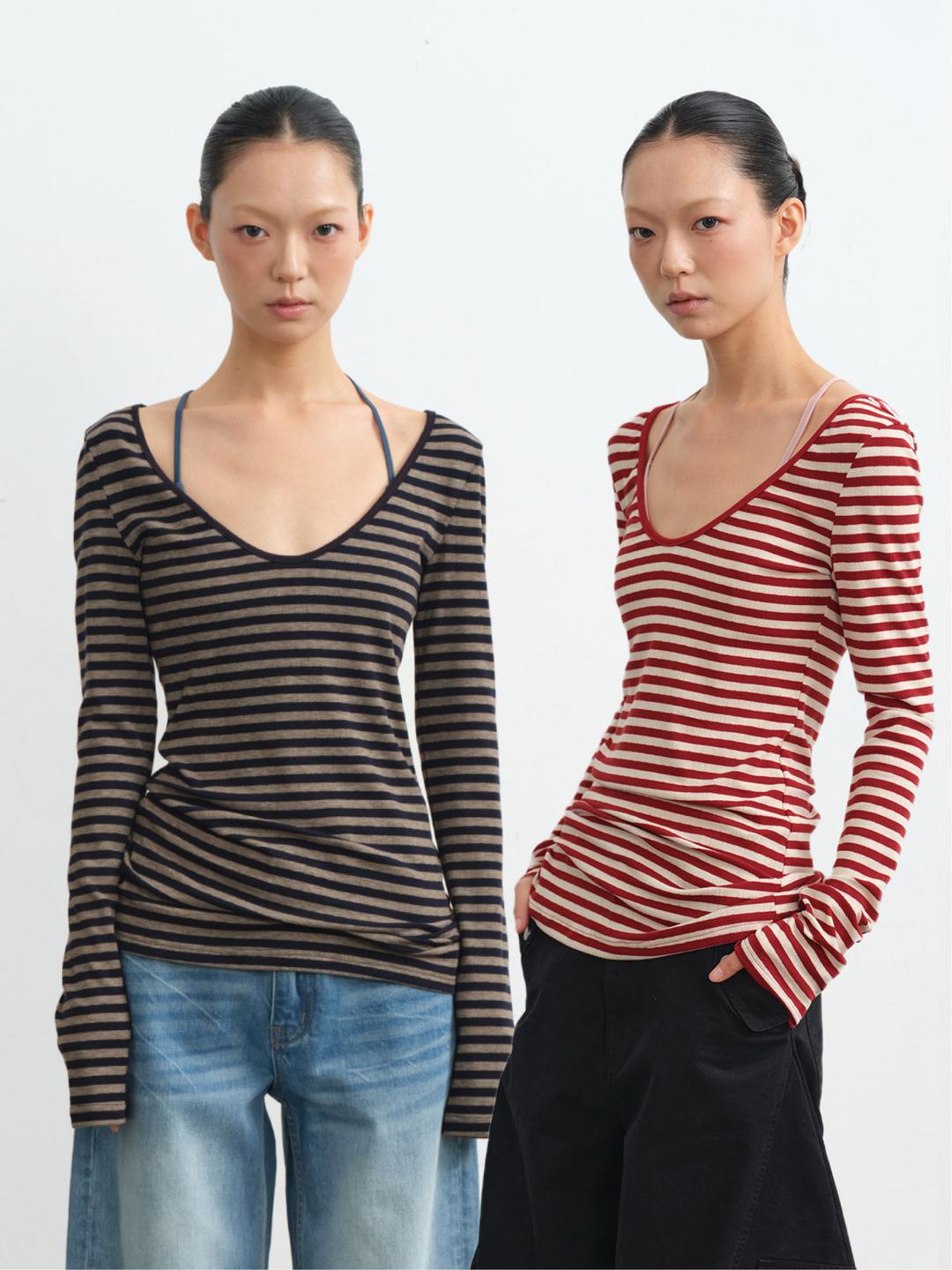 LINY LIBERTY Striped Slim V-Neck T-Shirt