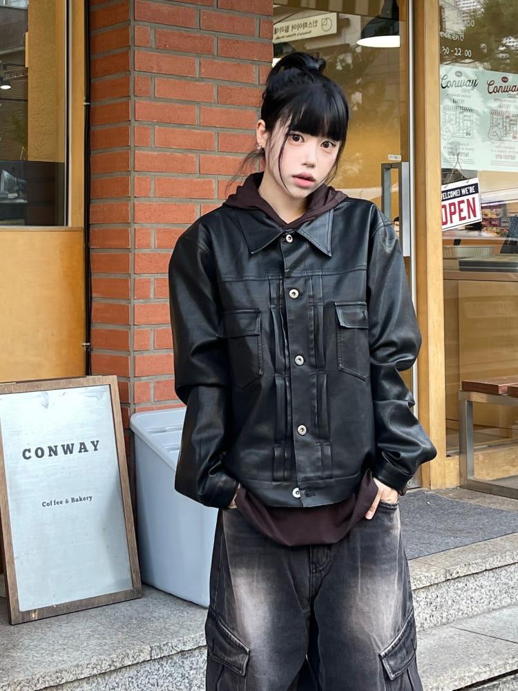 [히니츠키] 남녀공용 세이슈 가먼트 레더 트러커 자켓