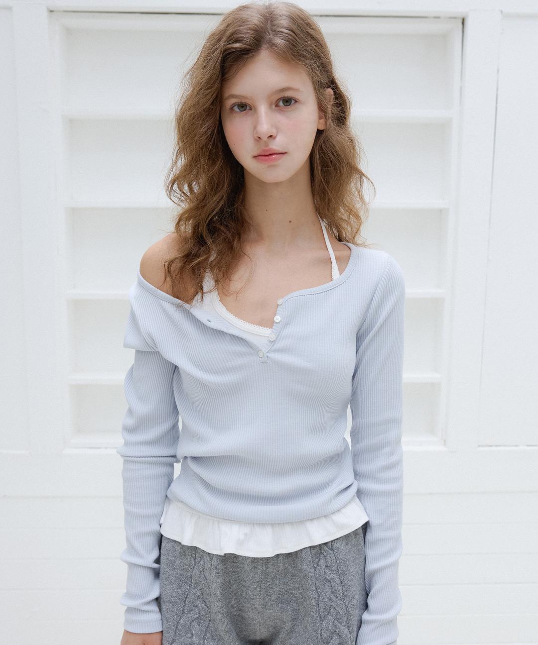 [New Drop 20% Off] Letters Button Heart Neck T-Shirt ( Blue Gray )
