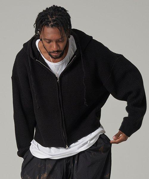 투웨이 후드 집업 니트 블랙