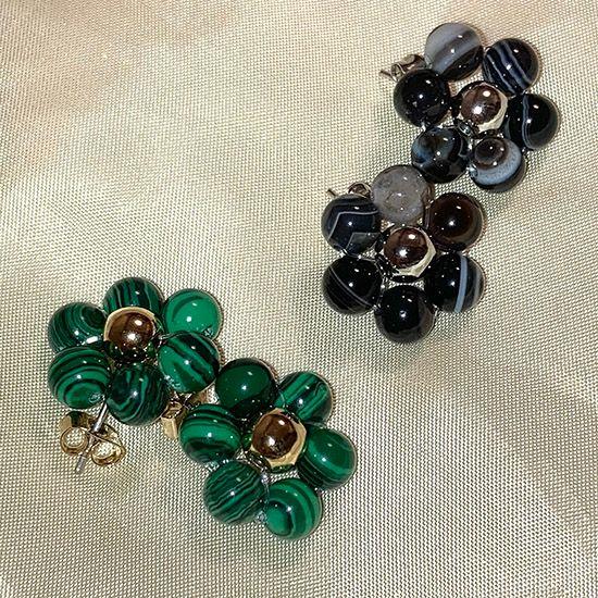 블랙마노, 말라카이트 원석 꽃 귀걸이