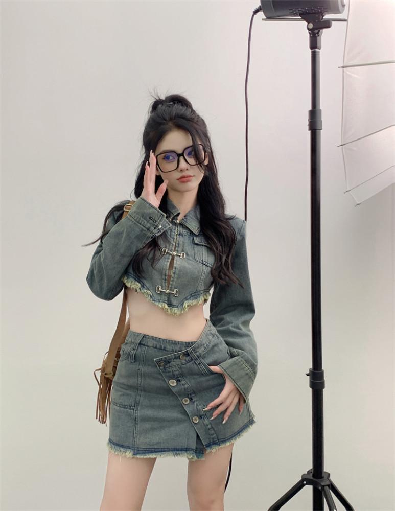 블루 데님 쇼트 코트 디자인 감각 빈티지 하이웨스트 청바지