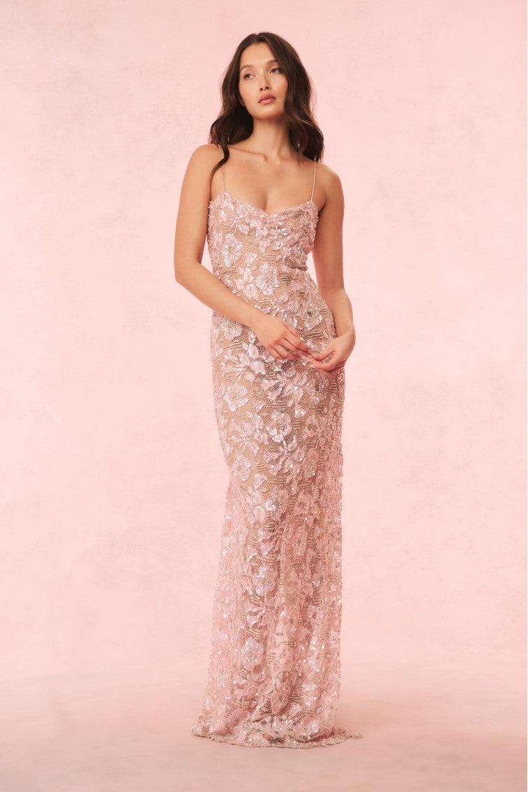 Ciona Sequin Chantilly Lace Gown - OPALINE PINK / 2