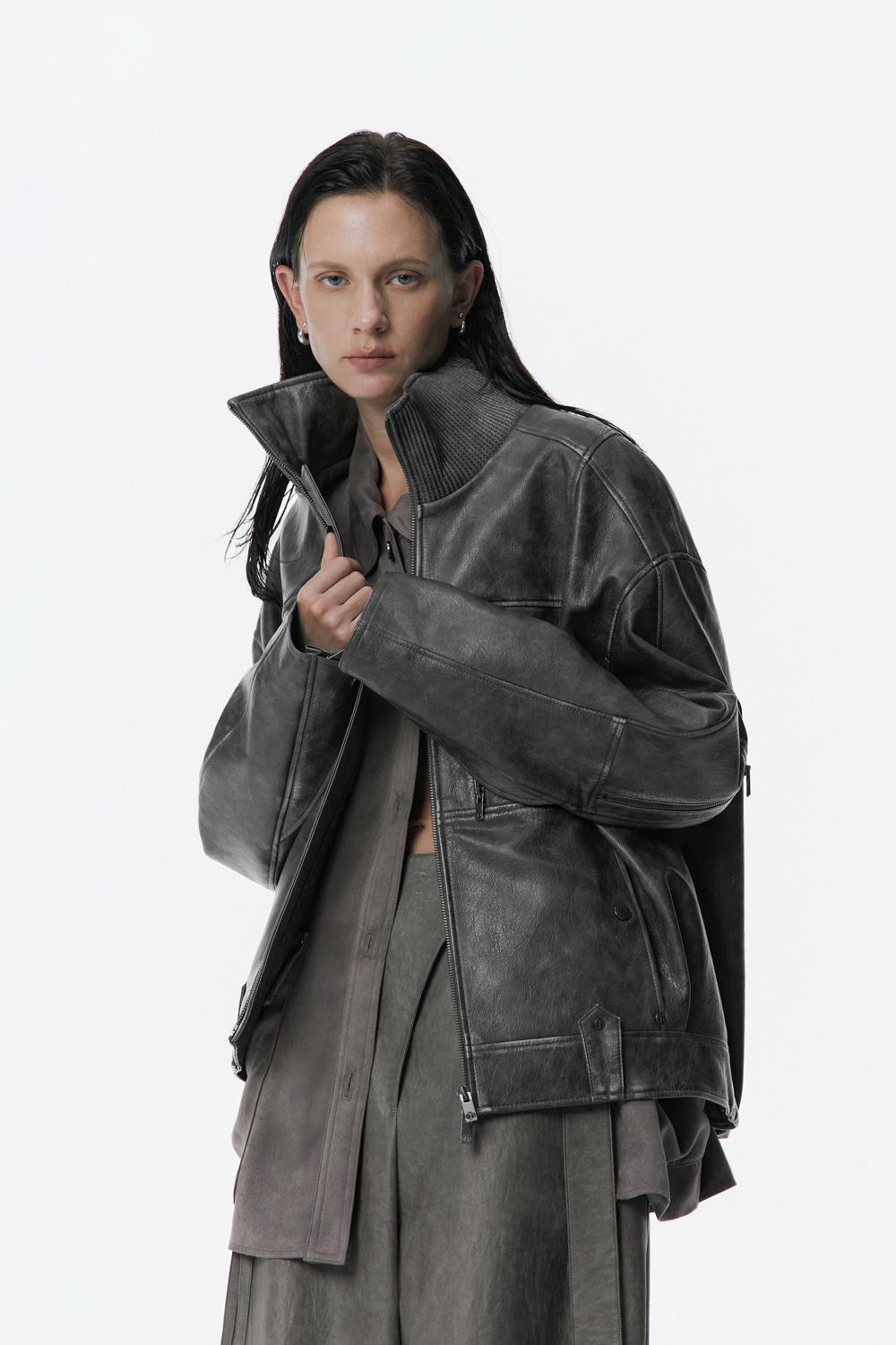 Vintage Leather Bomber Jumper [ Charcoal ]