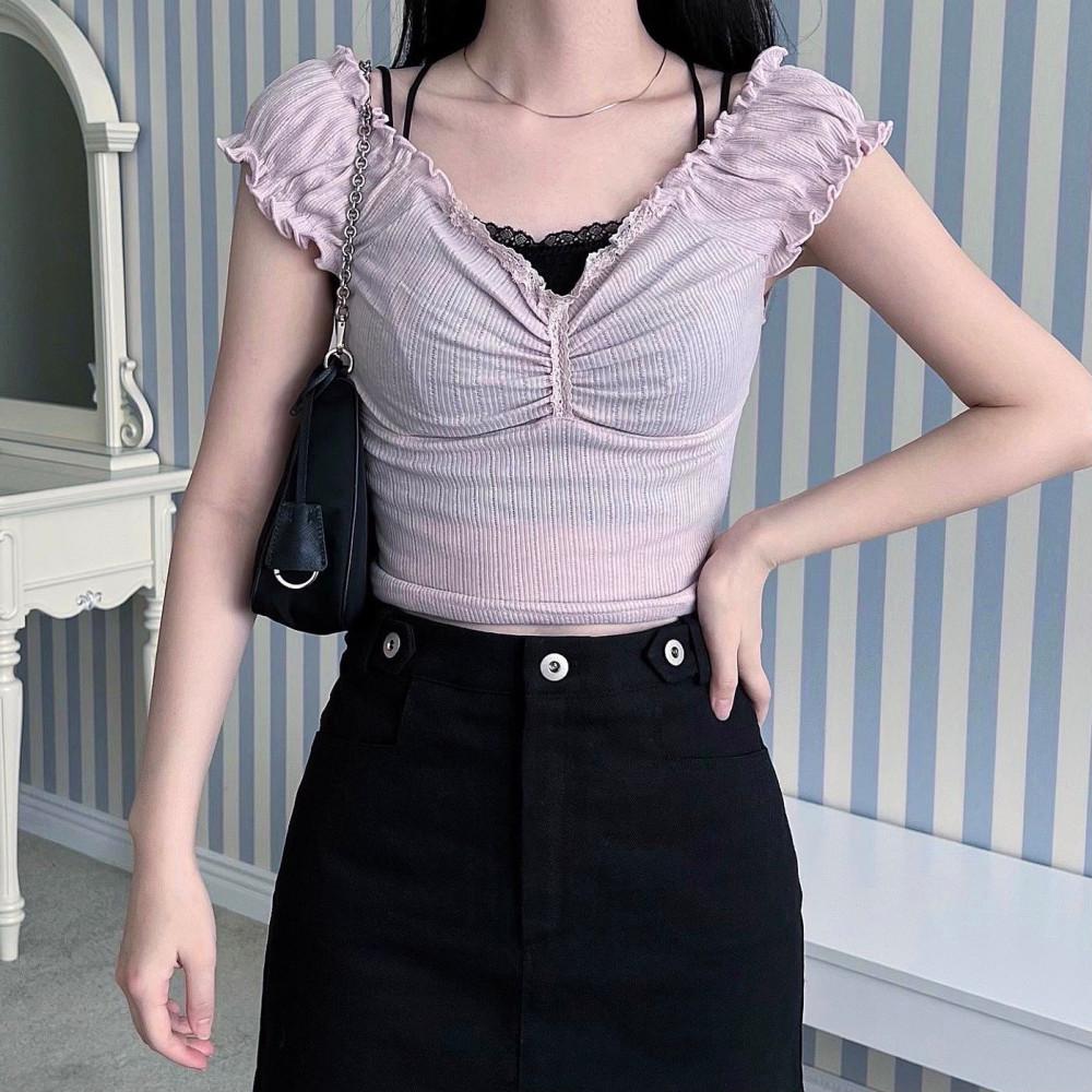 아일렛 레이스 핑크 아이보리 셔링 크롭 티