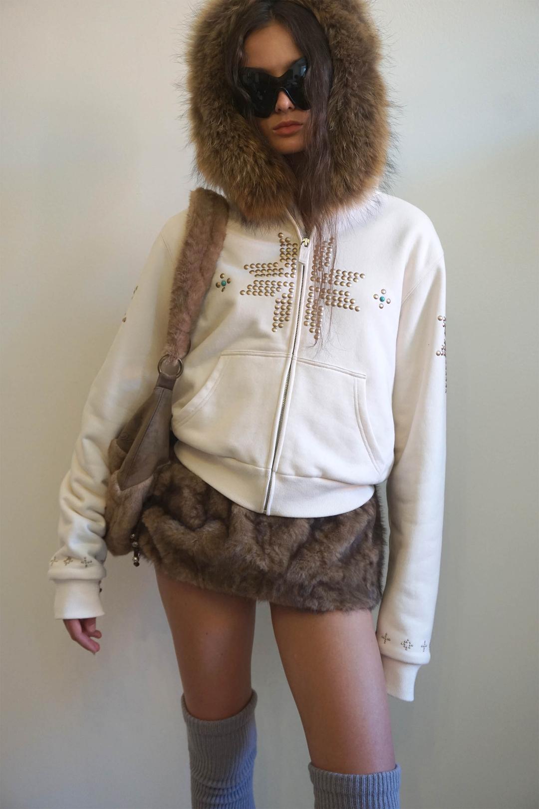 Fur Trimming Hooded Zip-Up Dirty White