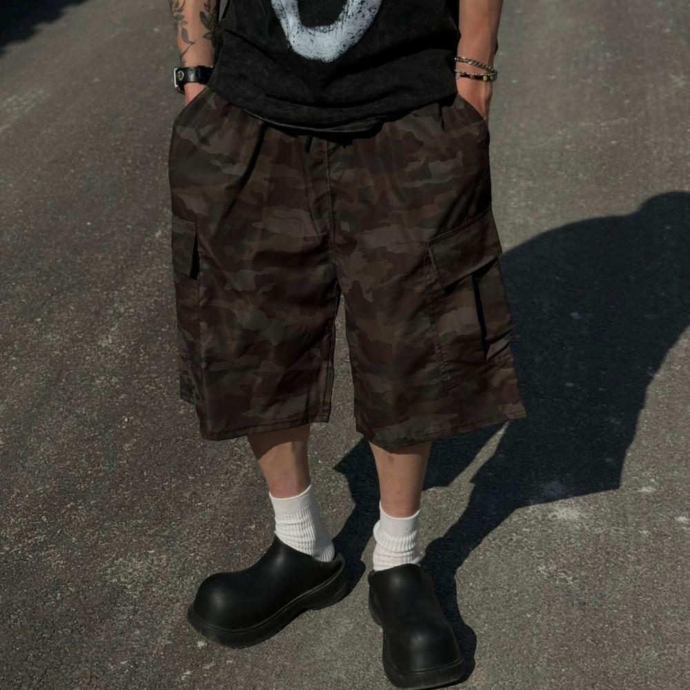 남자 버뮤다 카고 팬츠 7부 6부 반바지 나일론 카모 와이드 밴딩