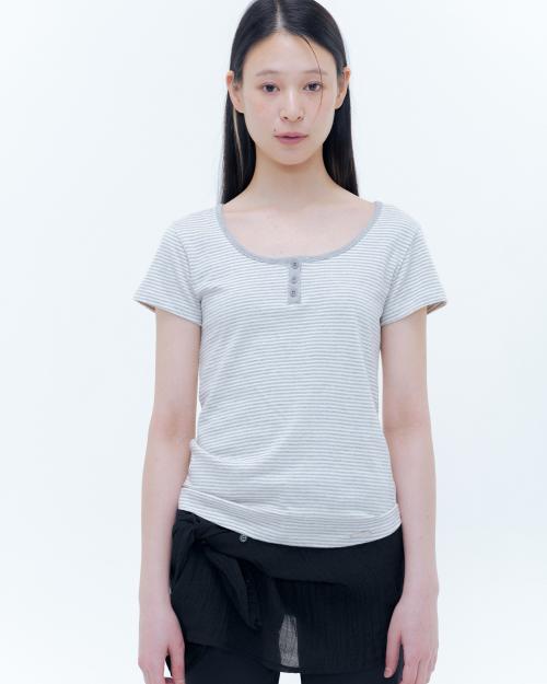 Striped henley neck short sleeves GREY