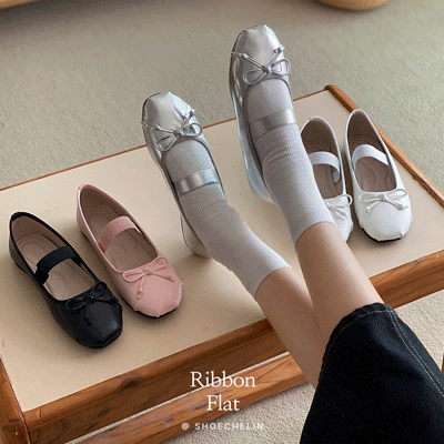 [무중력구름깔창] 미우 레더 말랑 리본 발레리나 토슈즈 플랫 #실버슈즈