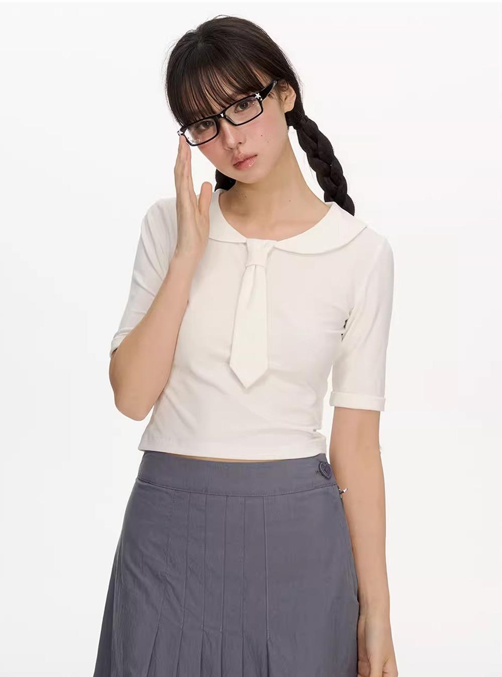 Faux Tie Sailor Collar Slim Top
