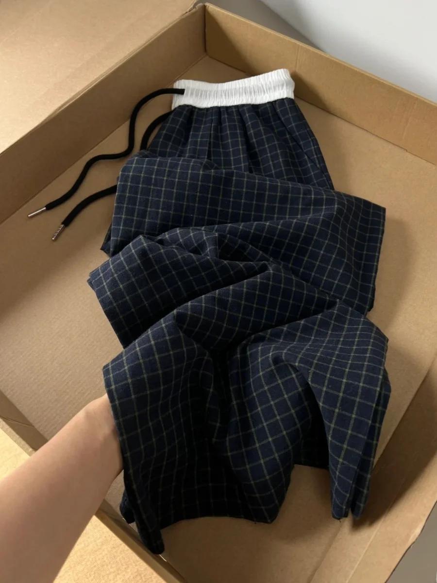 달콤한 격자 무늬 루즈핏 와이드 레그 캐주얼 바지 여성 여름 새로운 탄성 허리 Drawstring 스트레이트 레그 워킹 바지